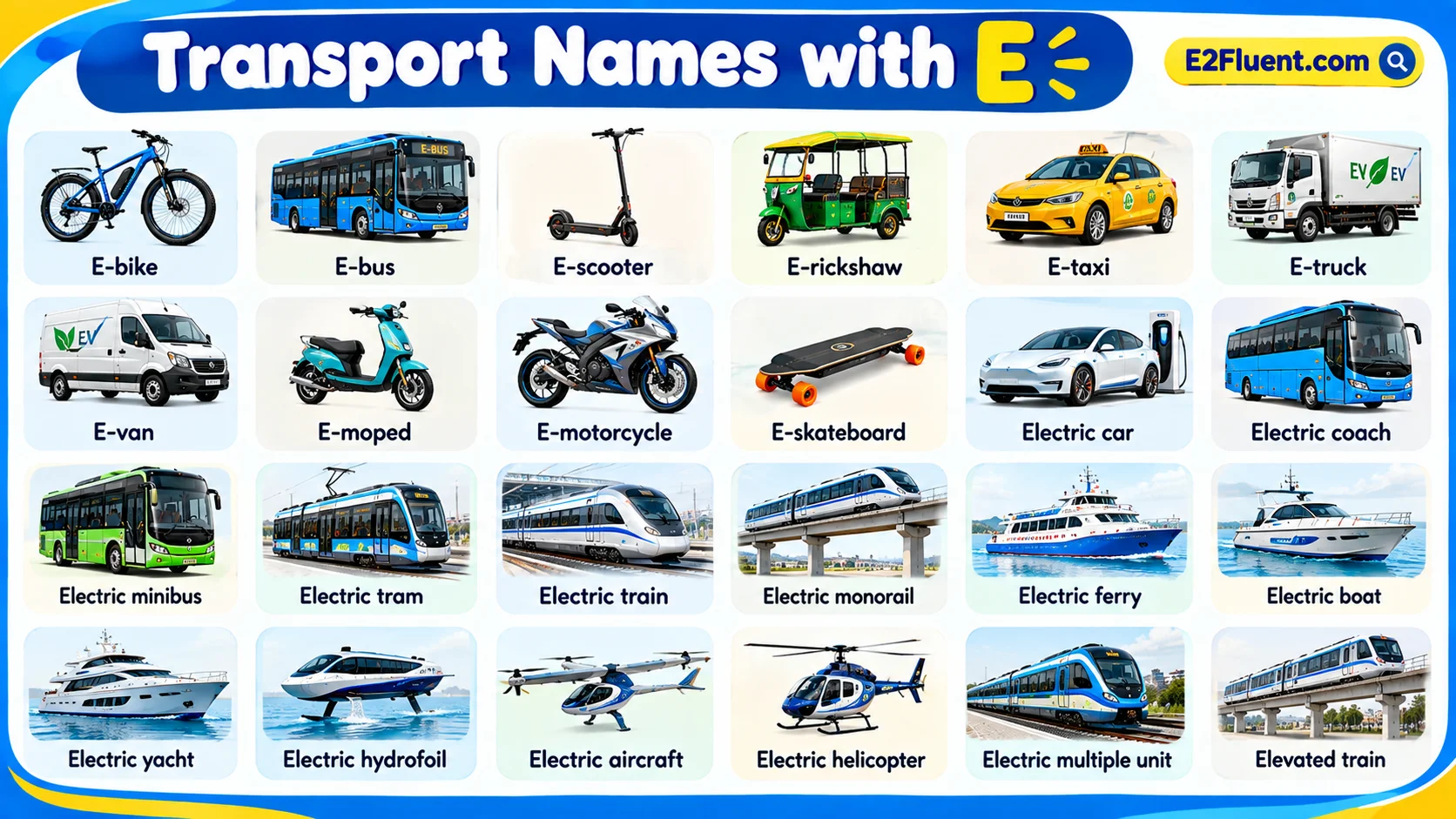 35+ Transport Names That Start with E in English with Pictures