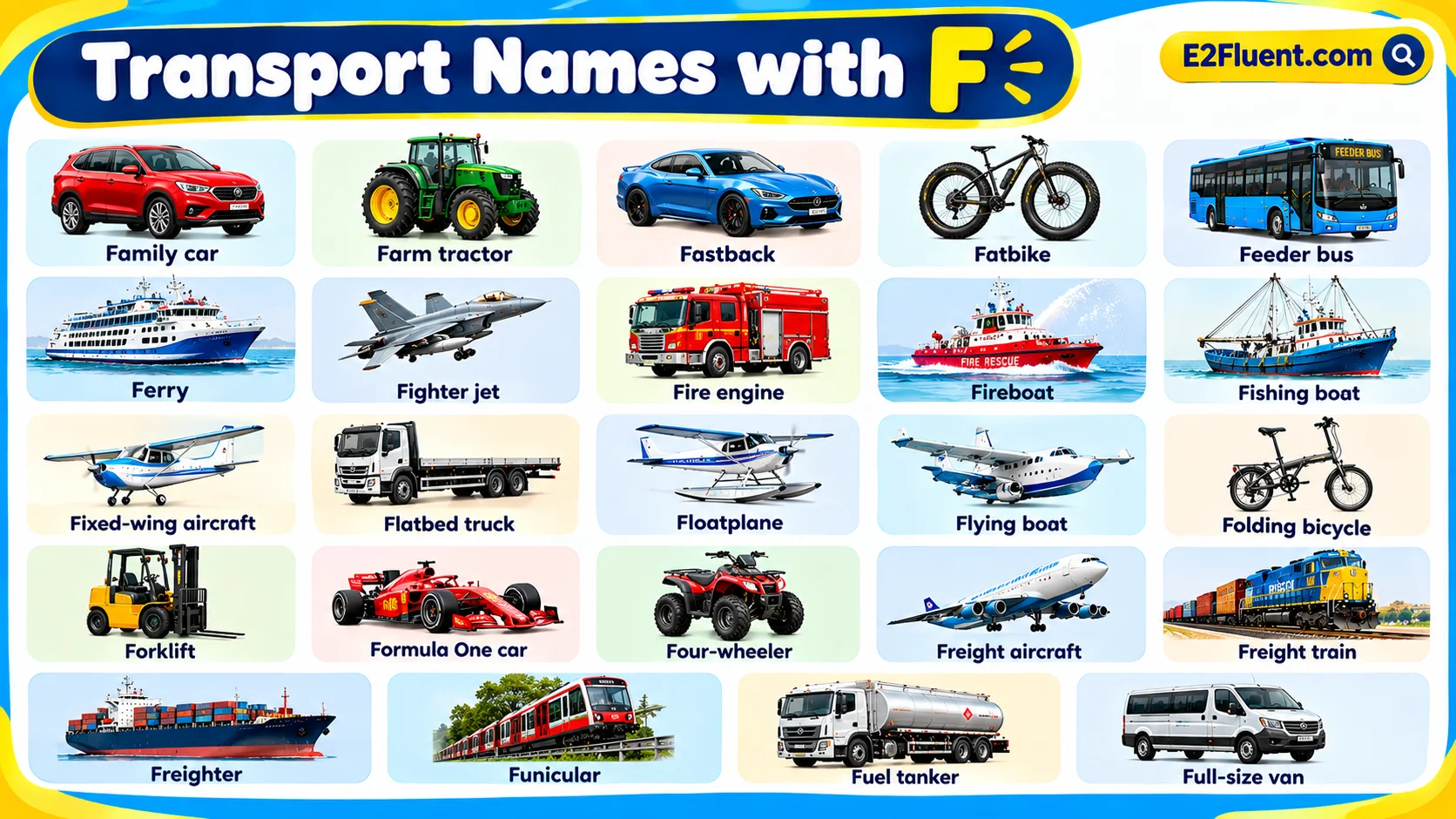 Transport Names That Start with F in English with Pictures