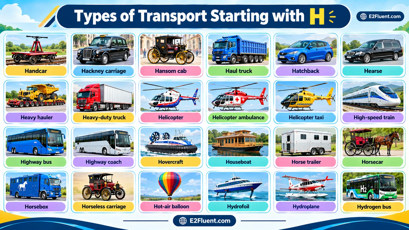 Types of Transport Starting with H in English with Pictures