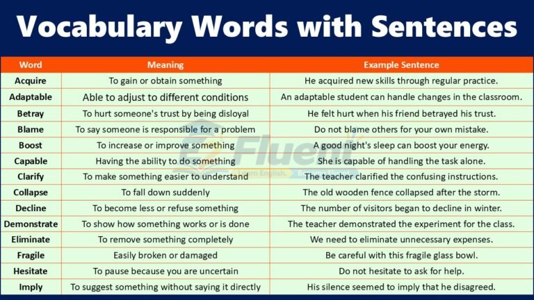 100 English Vocabulary Words with Meanings and Sentences